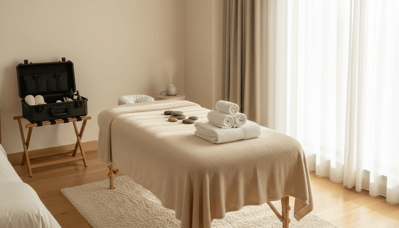 Portable massage equipment organized in an airy hotel room