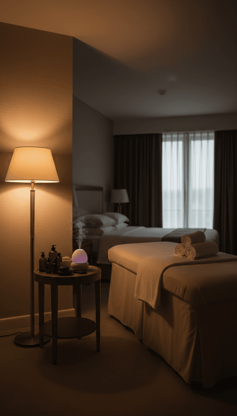 Mobile massage table prepared in a hotel suite