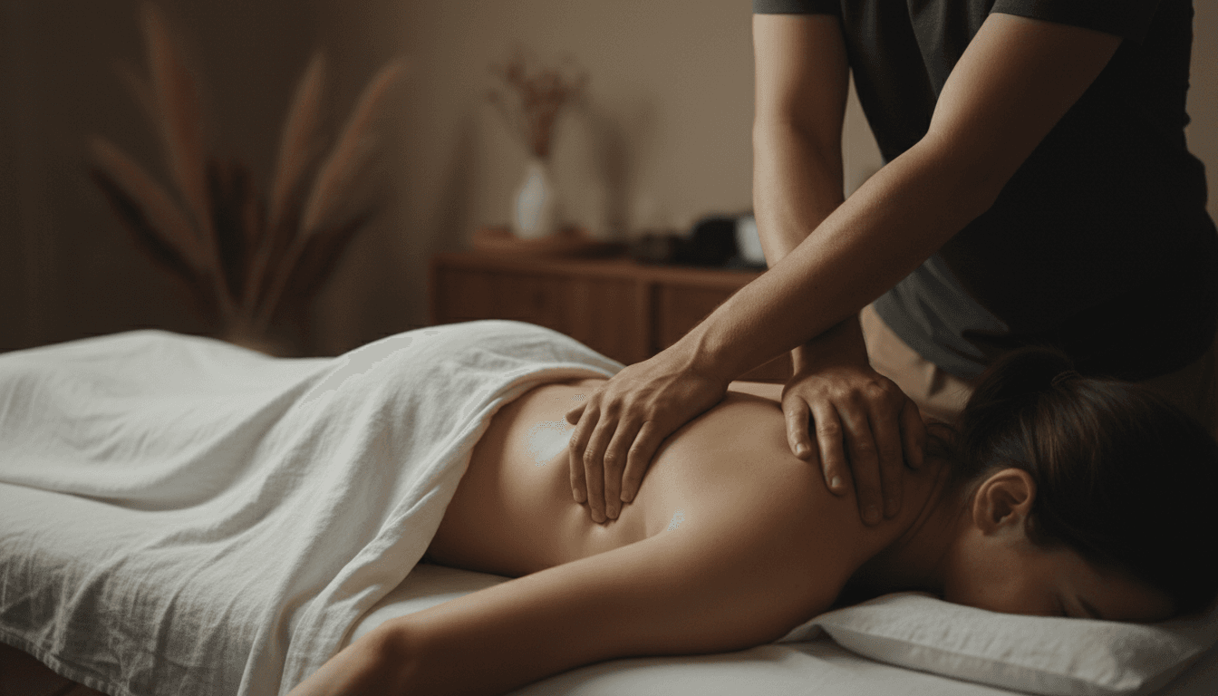 Deep tissue massage technique on a draped client