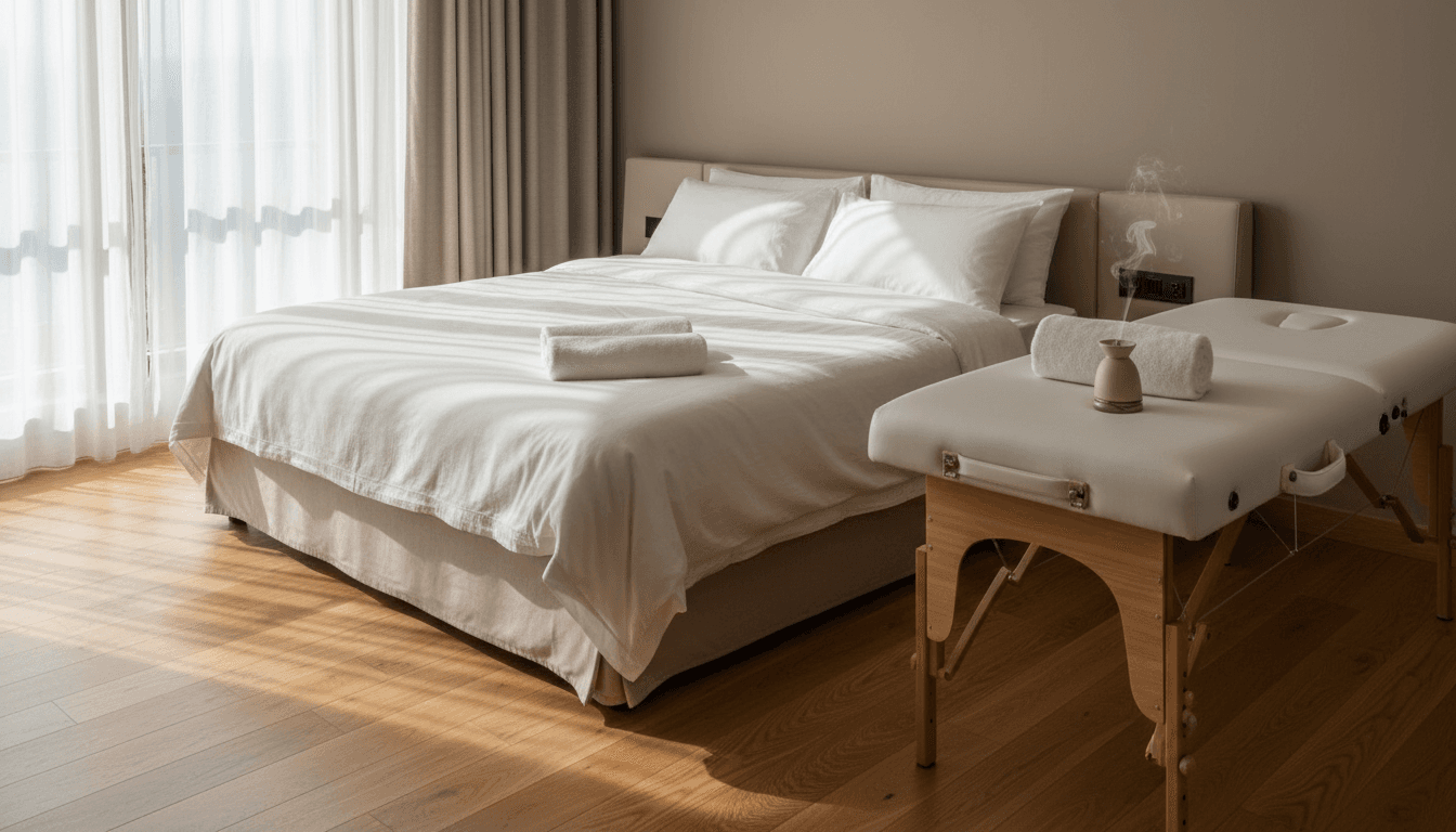 Luxury hotel room with massage table set up