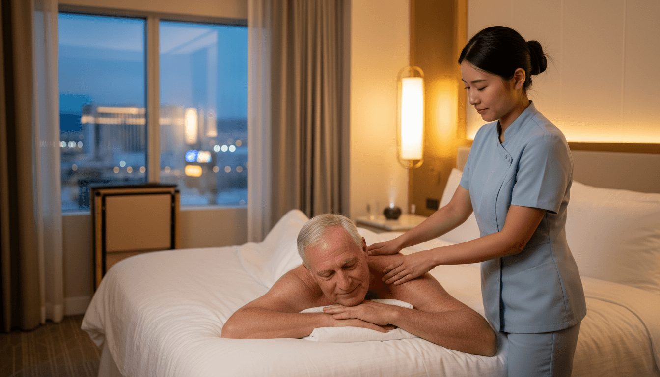 Therapist giving shoulder massage to elderly man in a hotel room.