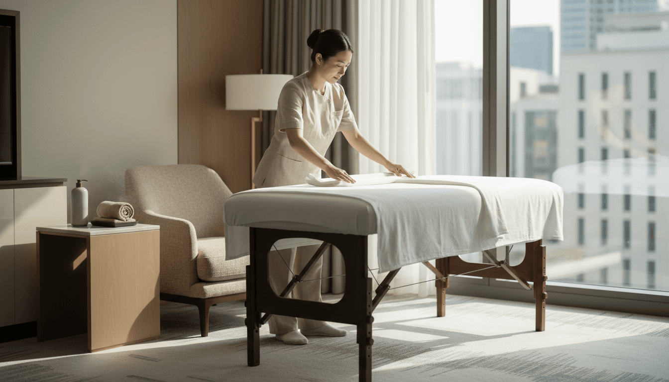 Therapist preparing a portable treatment table in a hotel suite
