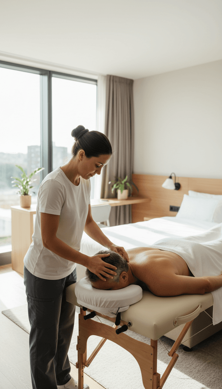 Therapist setting up the massage table for a client