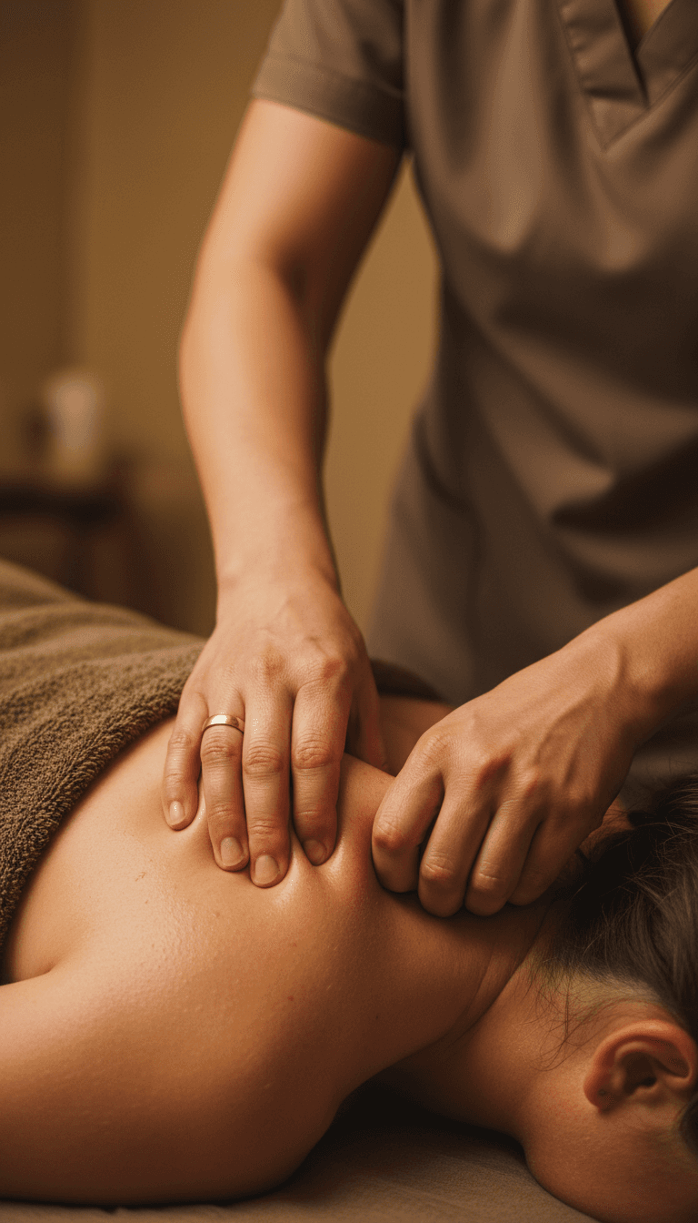 Close-up of deep tissue massage on shoulder and neck