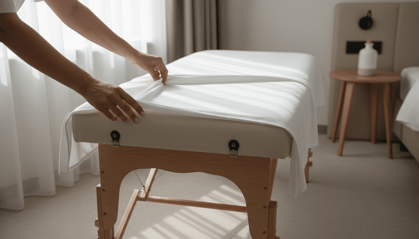 Hands preparing a white sheet on a massage table in a hotel room