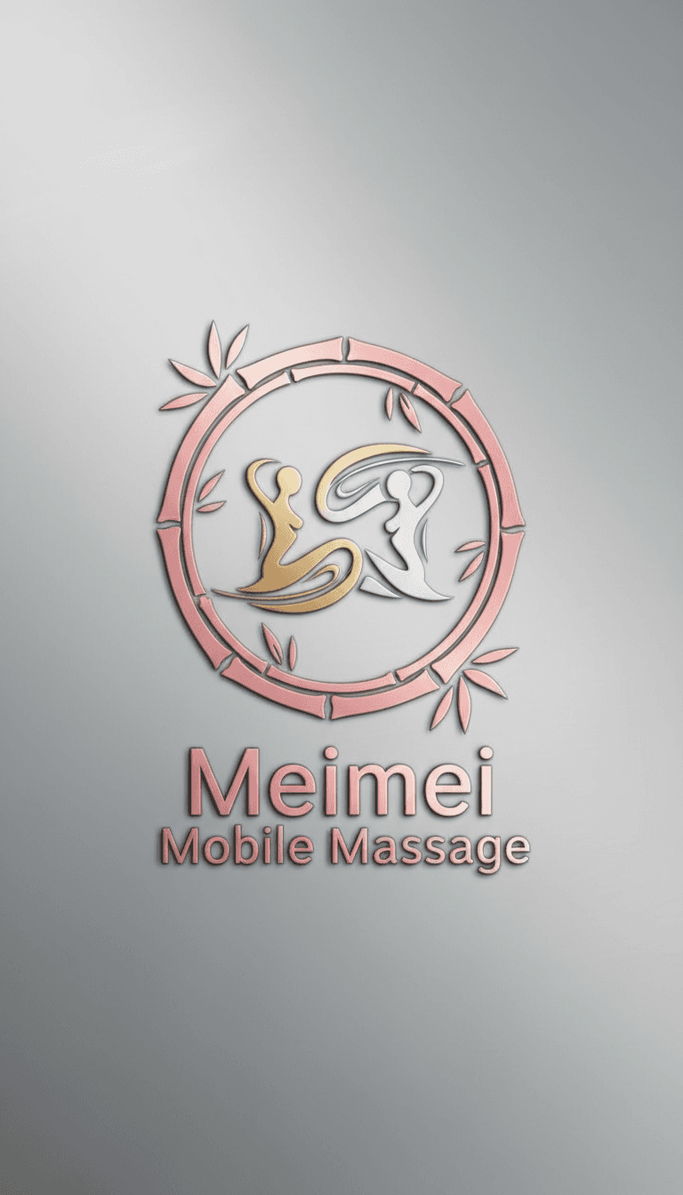 Logo with a pink bamboo circle and text Meimei Mobile Massage, symbolizing tranquility.