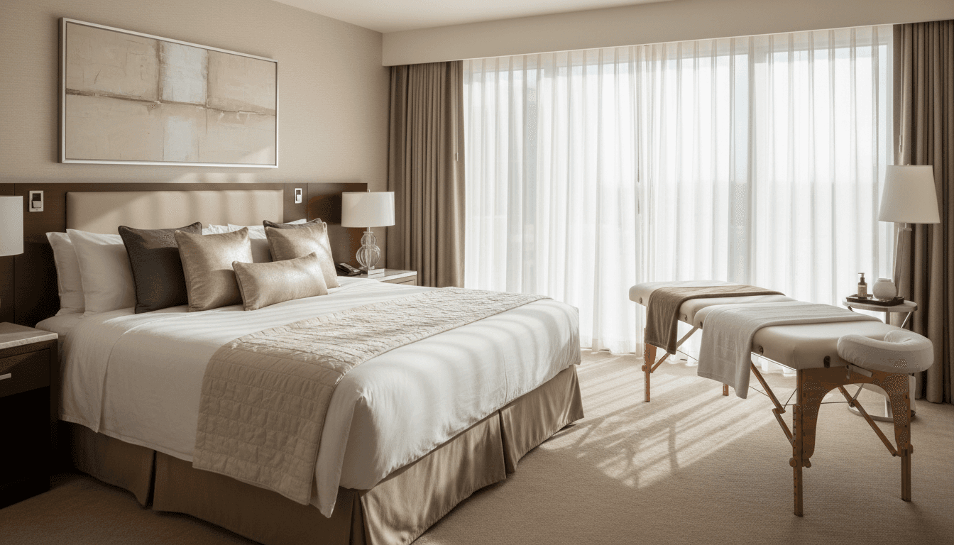 Hotel room with massage table set up by the window, soft daylight
