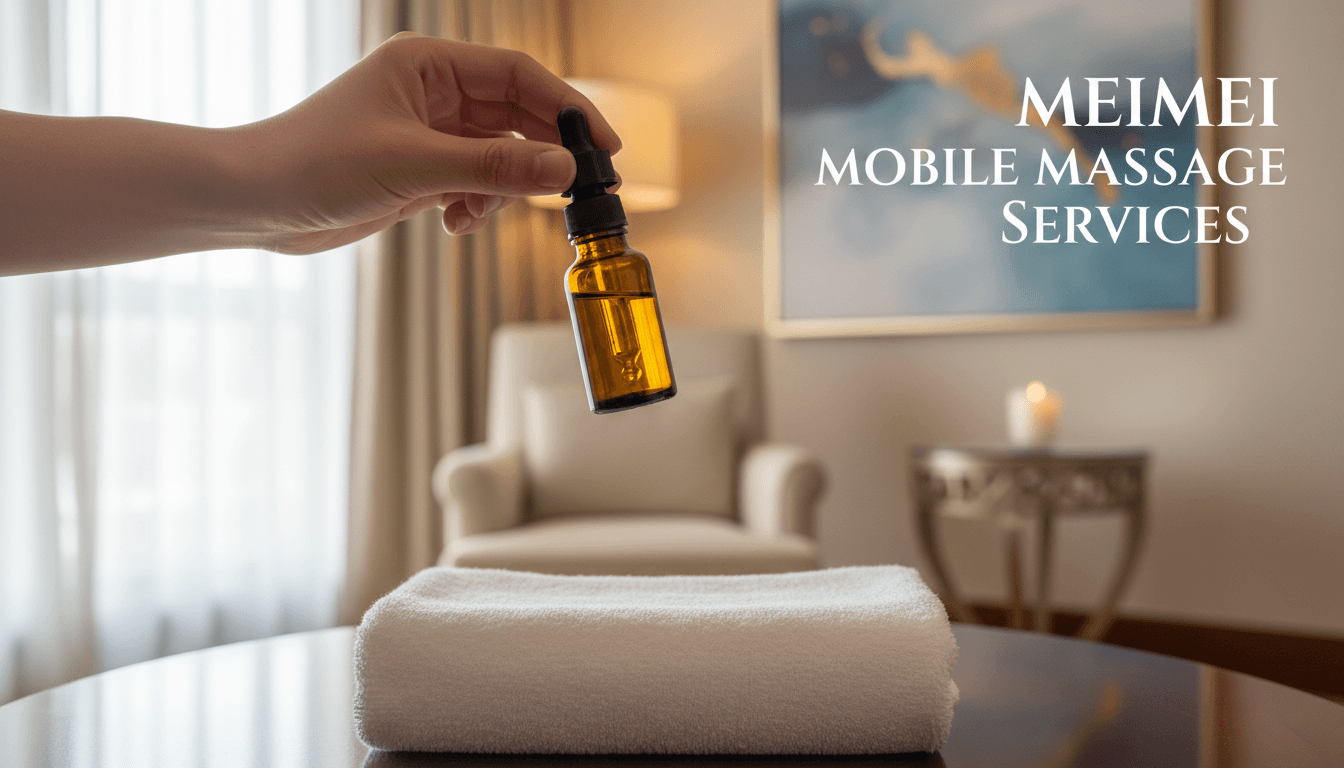 Therapist holding an amber essential oil bottle above a folded towel in a luxurious hotel room