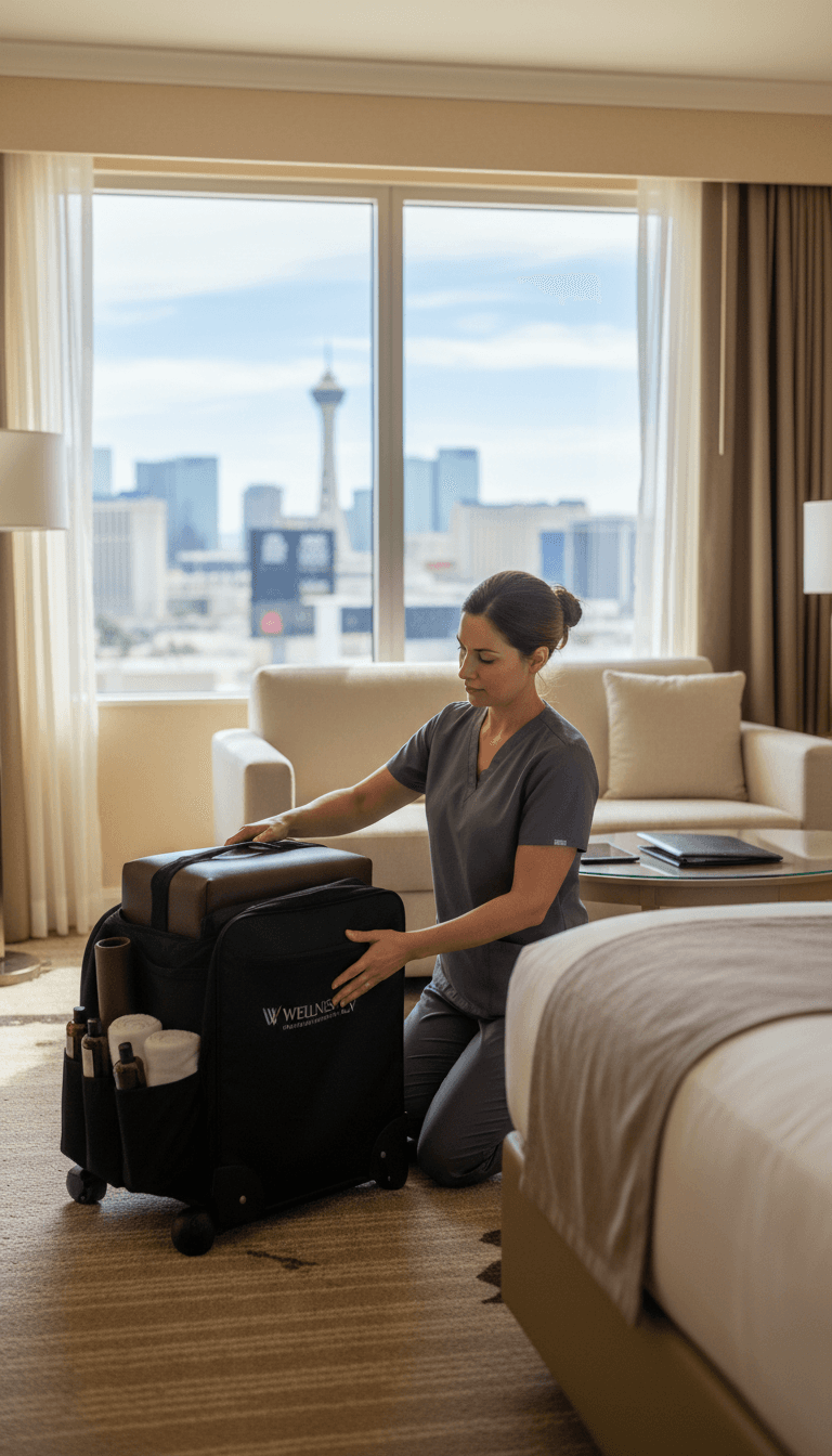 Therapist packing equipment after a hotel session