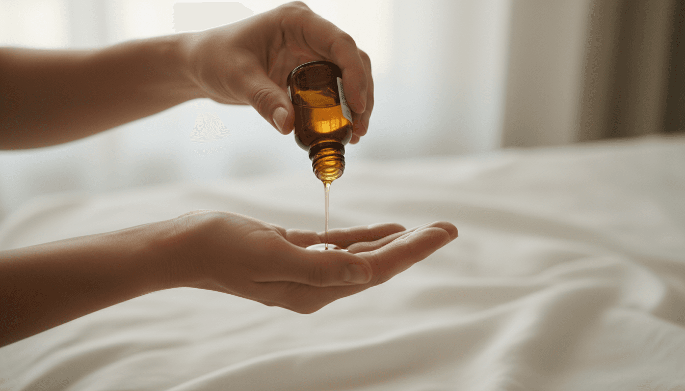 Hands pouring massage oil from an amber bottle
