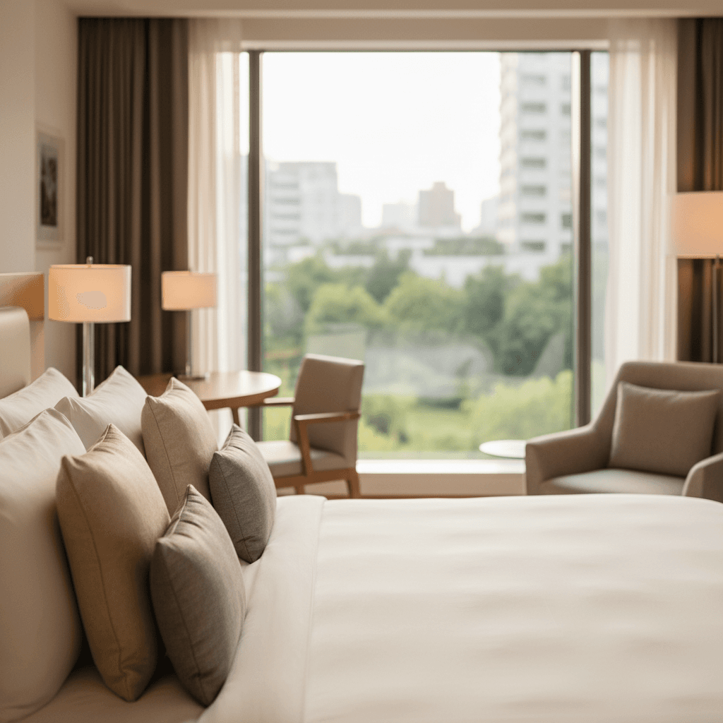 Hotel room interior with soft lighting and massage table