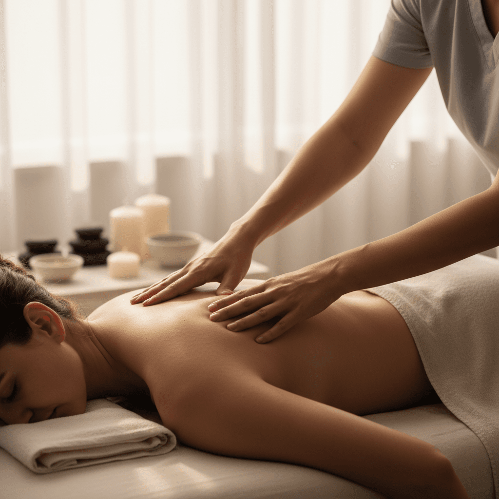 Close-up of hands performing therapeutic massage on a person's back in a hotel room setting with natural window light