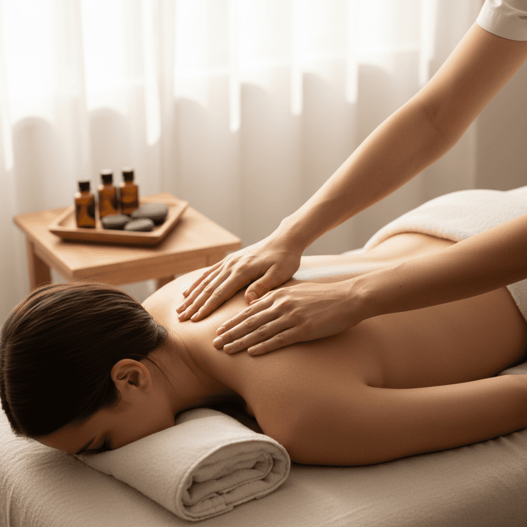 Massage table with white linens and essential oil bottle, soft warm lighting