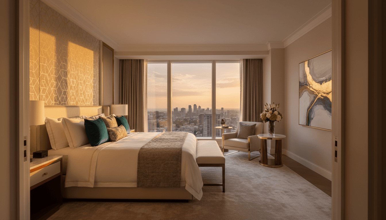 Luxurious Las Vegas hotel room with sunset view and massage table