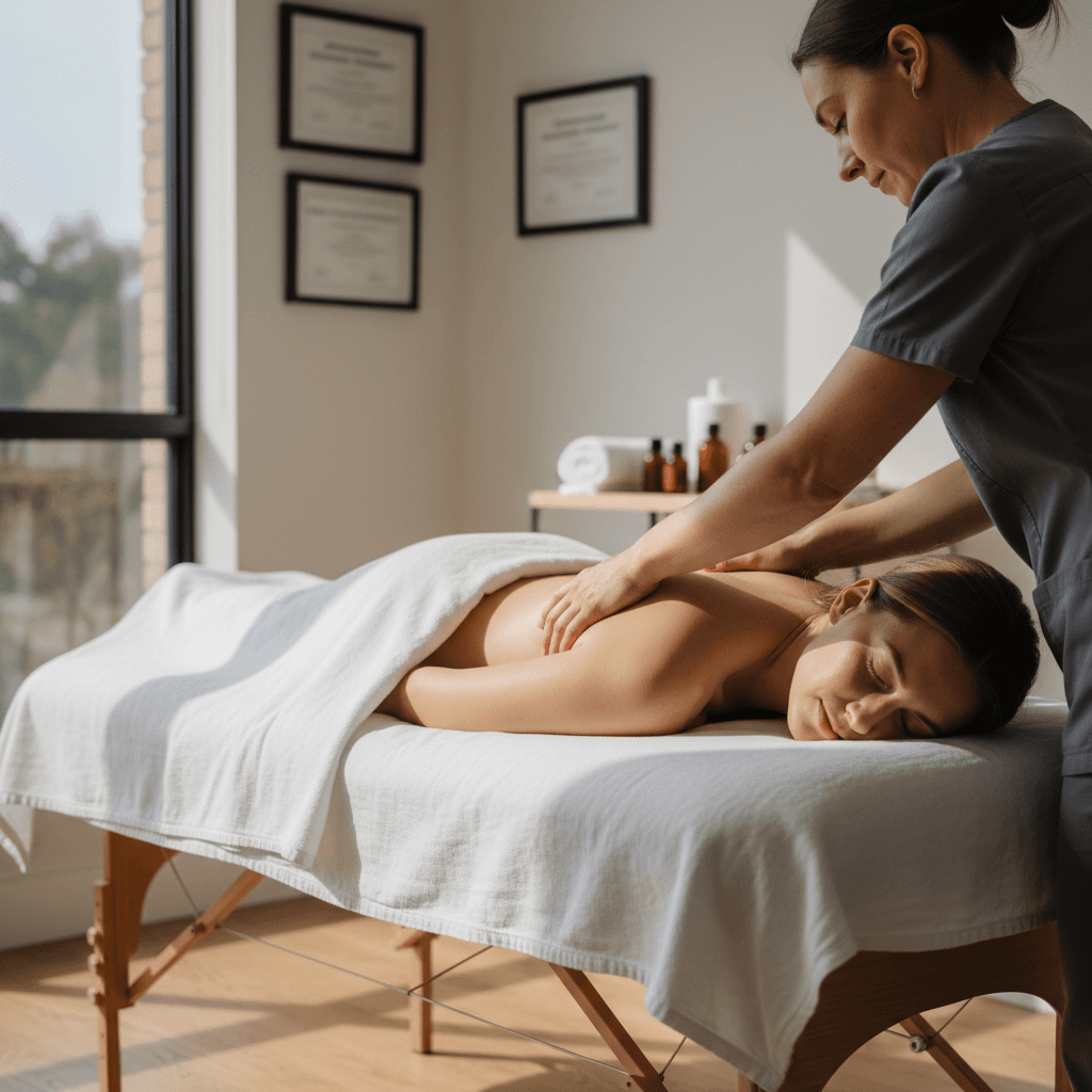 Massage therapist entering hotel lobby with professional equipment bag